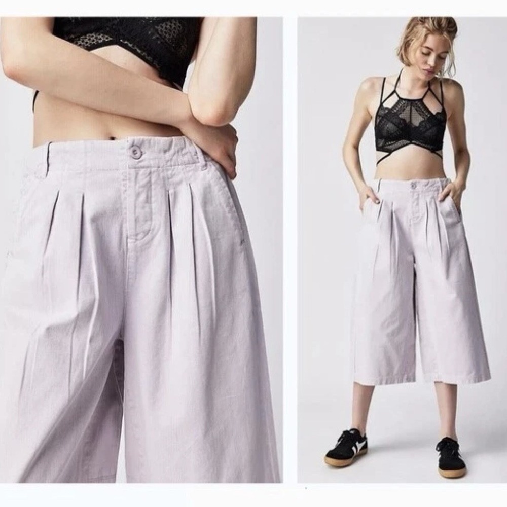 Free People Women's Wide Leg Gaucho Pants Hard Rain Cropped Purple Size 8